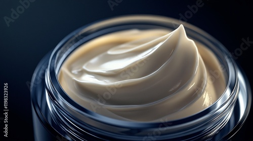 Close-Up of Luxurious Skin Cream with Smooth Swirl Texture in a Jar, Highlighting the Silky and Hydrating Formula, Perfect for Skincare, Moisturizing, and Beauty Routines with Elegance photo