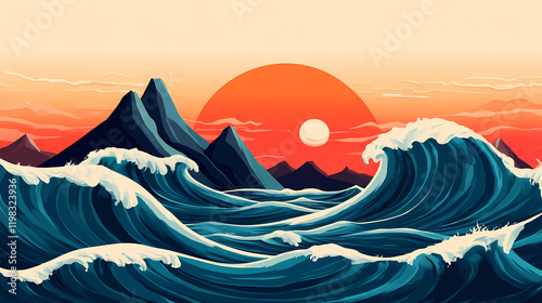 Coastal scenery featuring spindrift in a dynamic ocean setting, coastal scenery with ocean spindrift in motion. sundrift. illustration. Sundrift. Illustration