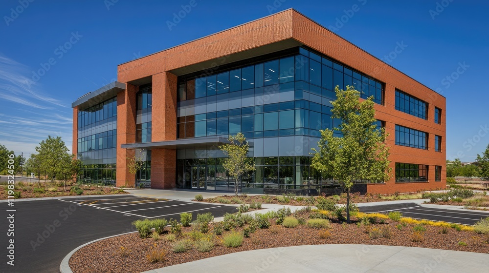 A contemporary office building with an open glass atrium and sharp, clean lines. A contemporary office building with an open glass atrium and sharp, clean lines.