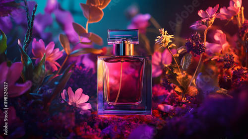 perfume bottle surrounded by beautiful flowers natural and fresh atmosphere