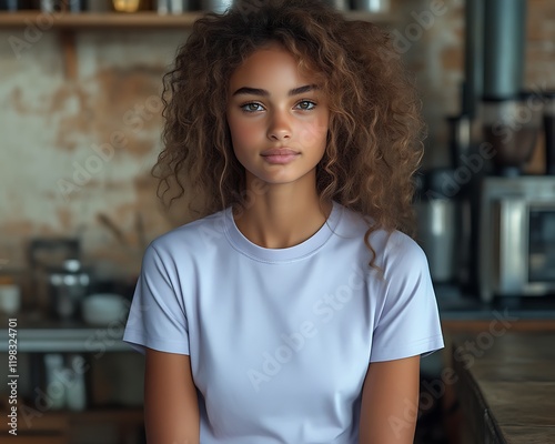 Young woman with curly hair in a lavender t-shirt.