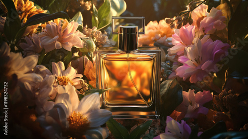 perfume bottle surrounded by beautiful flowers natural and fresh atmosphere