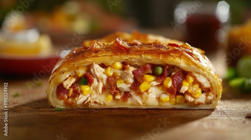 Flaky Puff Pastry Filled with Savory Chicken, Corn, and Vegetables, Highlighting Golden Crispy Layers, Rich Filling, and a Perfect Blend of Flavors for Hearty Snacks or Light Meals photo