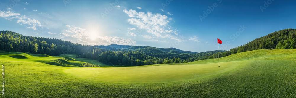 Obraz premium beautiful golf course landscape with lush green grass and red flag