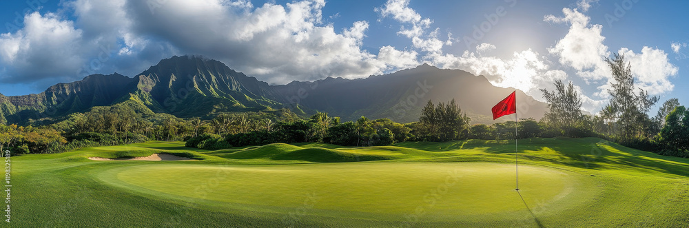 Fototapeta premium scenic golf course with red flag, mountains, and blue sky