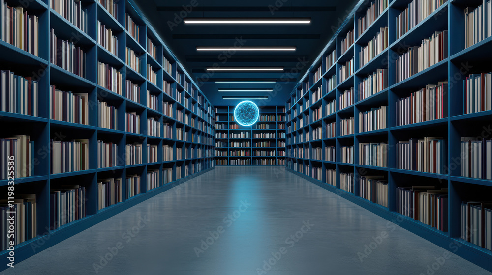 Fototapeta premium modern library interior with blue shelves and glowing sphere