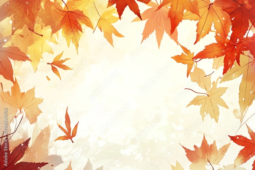 Vibrant autumn maple leaves with morning dew form a cozy frame, embracing a clean white center for your text. Vibrant autumn maple leaves with morning dew form a cozy frame, embracing a clean white center for your text.