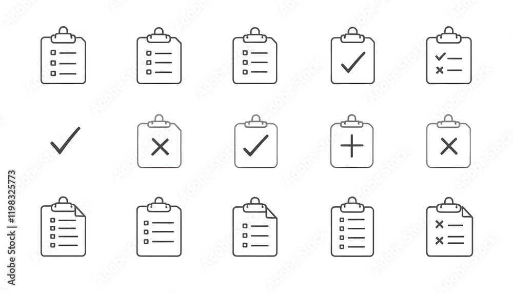 Create a set of clipboard icons in outline style, featuring checkmarks, lists, and crosses, representing tasks and statuses. Create a set of clipboard icons in outline style, featuring checkmarks, lists, and crosses, representing tasks and statuses.