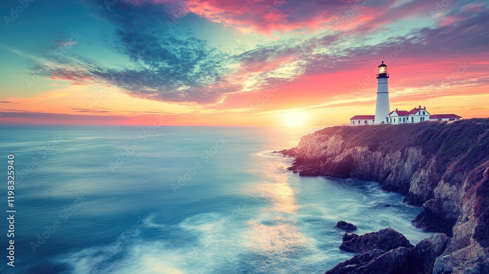 Fototapeta premium A famous lighthouse perched on a rocky cliff overlooking the ocean during sunset.