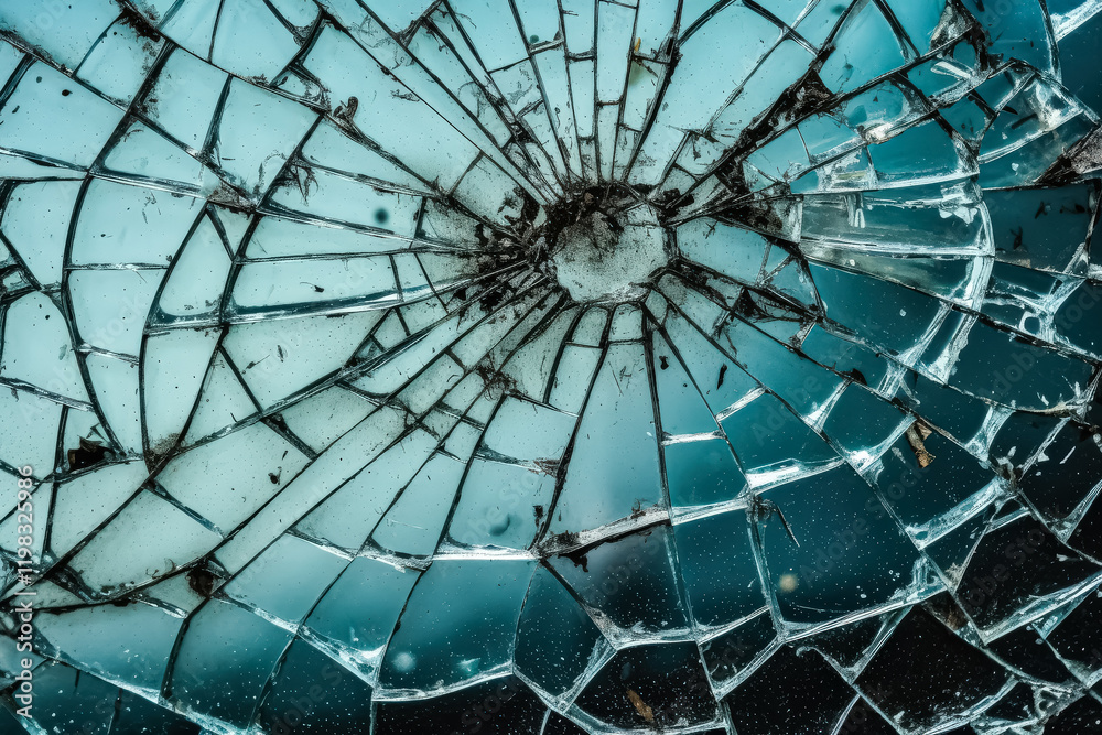 Obraz premium Shattered glass window with a green background. The broken glass is scattered all over the window, creating a sense of chaos and destruction. The image evokes a feeling of vulnerability