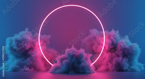 three-dimensional rendering featuring an abstract minimalistic background, characterized by a round frame of pink and blue neon light that provides ample space for text. The scene is enhanced by illum photo