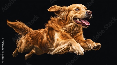 Energetic Golden Retriever Mid-Leap on Black Background, Showcasing Dynamic Movement, Playful Energy, and Majestic Fur Detail of this Beloved Dog Breed in an Elegant and Artistic Capture photo