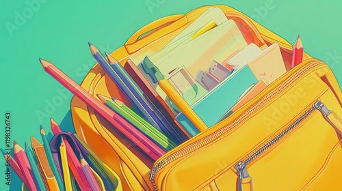 Bright Yellow Backpack Overflowing with Colorful School Supplies Including Pencils, Notebooks, and Rulers Against a Vibrant Green Background, Representing Education, Creativity, and Learning photo