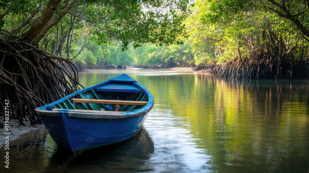 A colorful mangrove scene featuring a small fishing boat docked near the roots, with a peaceful, reflective water surface. A colorful mangrove scene featuring a small fishing boat docked near the roots, with a peaceful, reflective water surface.