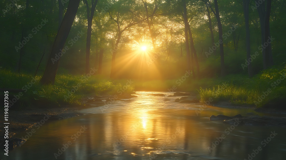 Obraz premium Sun rays through misty forest, illuminating calm stream.