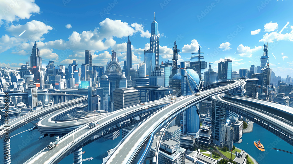 Fototapeta premium Expansive futuristic city with elevated highways, waterways, and modern skyscrapers under a bright sky