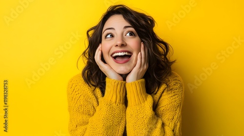 Happy woman in yellow sweater looks up in amazement
