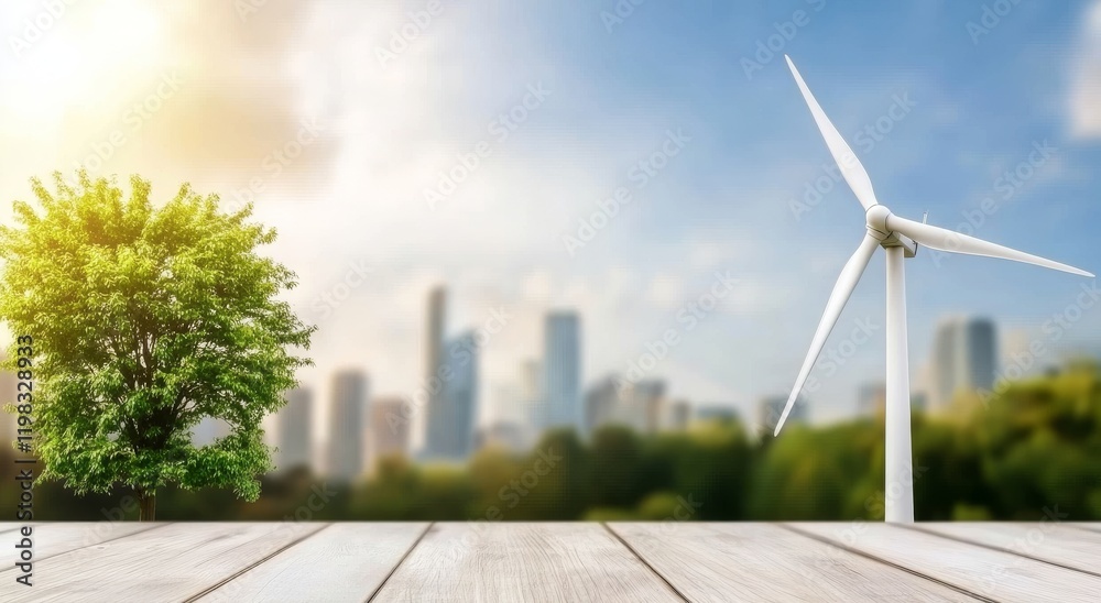 Obraz premium Wind turbines and green trees with a city skyline under a clear blue sky.