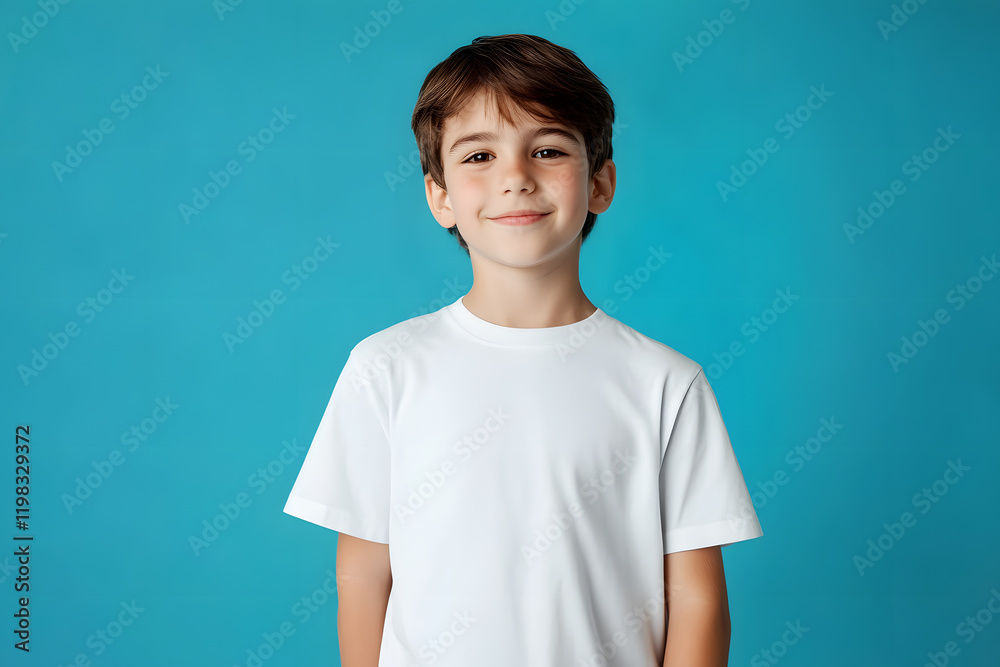 Smiling Boy on Blue Background: A young boy with brown hair beams a genuine smile at the camera, radiating warmth and innocence against a vibrant blue backdrop. Smiling Boy on Blue Background: A young boy with brown hair beams a genuine smile at the camera, radiating warmth and innocence against a vibrant blue backdrop.