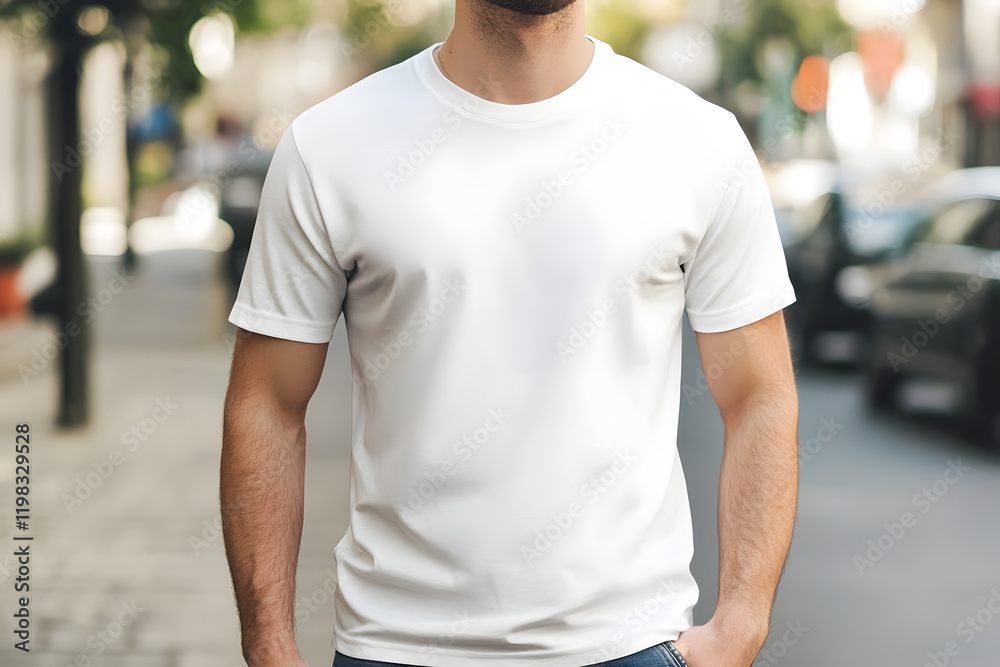 Man in Blank White T-Shirt: A stylish man models a clean, simple white crew neck t-shirt outdoors, providing a perfect template for design mockups or apparel displays. Man in Blank White T-Shirt: A stylish man models a clean, simple white crew neck t-shirt outdoors, providing a perfect template for design mockups or apparel displays.