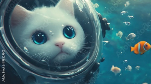 A white cat with blue eyes peeking out of a diving helmet, with small fish swimming nearby in the clear ocean water. photo