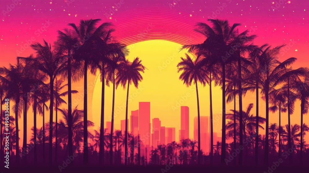 Fototapeta premium Vibrant Sunset Over City and Palm Trees