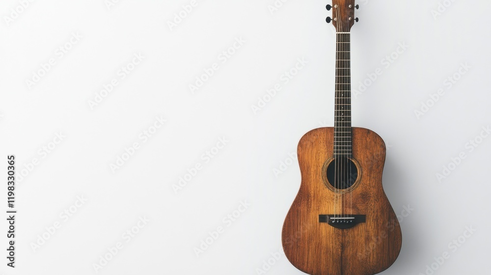 Fototapeta premium An acoustic guitar with a wooden finish placed upright on a clean white background.