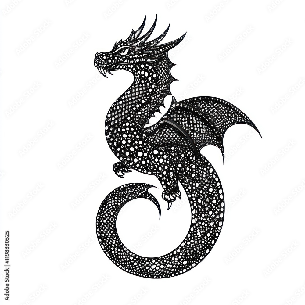 Black dragon illustration, fantasy art, mythical creature, white background, design element