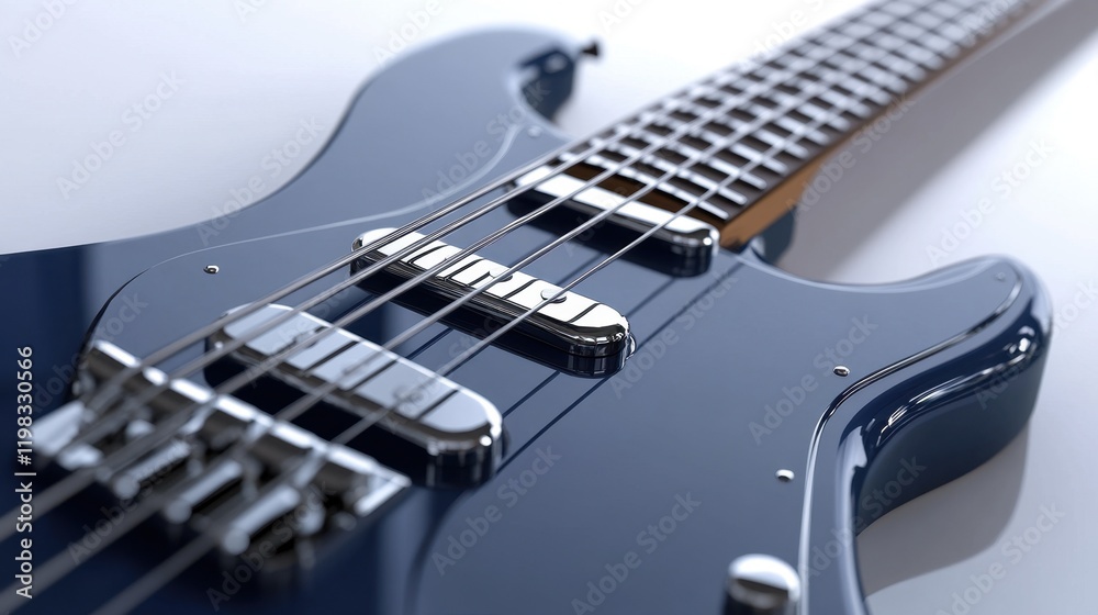 Fototapeta premium An electric bass guitar with a dark blue finish, placed on a clean white background, strings and knobs in focus.