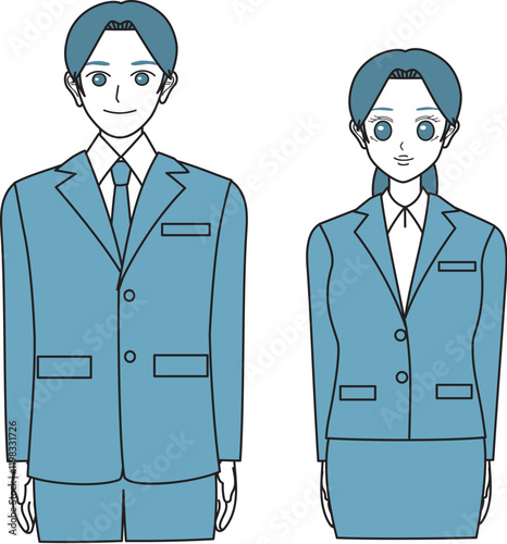 リクルートスーツを着て起立する新社会人の男女
