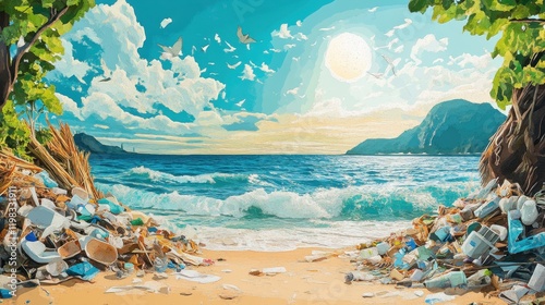 Set of polluted beach scenes with trash, cut out  photo