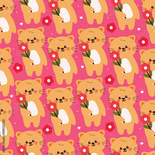 seamless pattern cute cartoon cat holding flower. cute animal pattern for wallpaper, background and gift wrap paper
