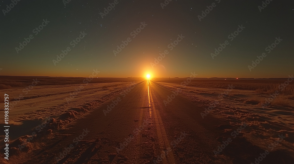 Fototapeta premium Sunset over Snowy Plain, Long Road Ahead