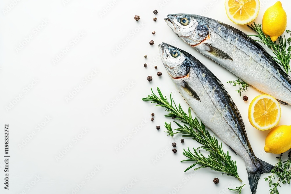 Lemon and rosemary mackerel on a white background Fresh seafood with cutout Lemon and rosemary mackerel on a white background Fresh seafood with cutout