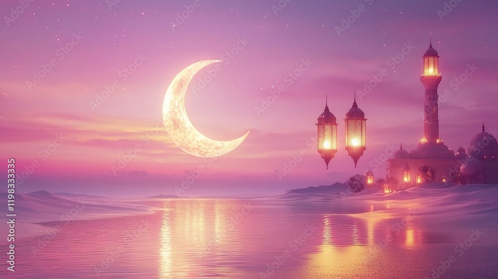 Crescent moon, lanterns, and mosque at sunset.