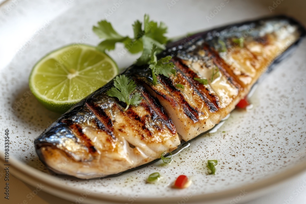 Mackerel fillet charred and garnished with lime on a white plate Mackerel fillet charred and garnished with lime on a white plate