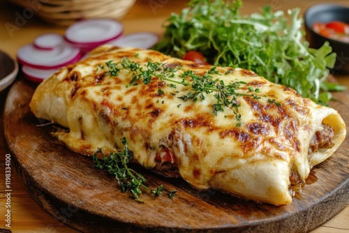 Meat and cheese manakish with salad photo