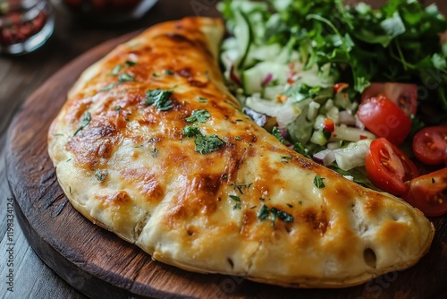 Meat filled manakish topped with cheese and salad photo