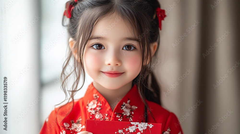 Adorable girl in red dress holding red envelope. Adorable girl in red dress holding red envelope.