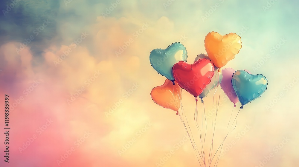 Valentine Day view of colorful heart balloons rising into a soft pastel-hued sky, creating a sense of tranquility. Valentine Day view of colorful heart balloons rising into a soft pastel-hued sky, creating a sense of tranquility.