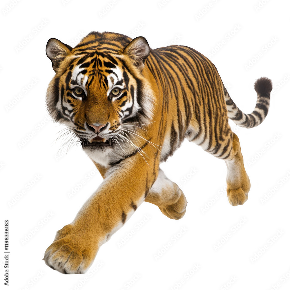 Fototapeta premium majestic tiger running with grace and power, showcasing its striking orange and black stripes against transparency background. This captures essence of wild beauty and strength
