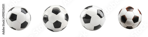 Four high resolution soccer balls classic design isolated on transparent background