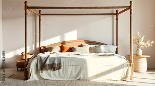 Sunlit Modern Bedroom with Elegant Four-Poster Bed and Minimalist Decor.  A Luxurious and Peaceful Interior Design photo