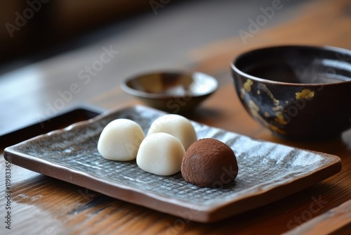 Mochi bites are chewy traditional Japanese snacks made from rice flour and flavored with cocoa powder photo