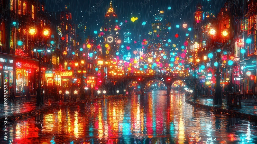 Fototapeta premium Rainy Night in a City with Colorful Lights and Reflections