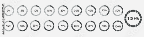 Grey circle 100 percent filling. Round pie chart template. Circular section graph. Diagram structure divided into pieces. Schemes with sectors. Piechart with segments and slices. Vector illustration