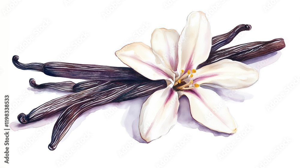 Naklejka premium watercolor illustration of one single vanilla orchid flower and stick pods on white background