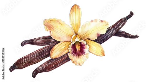 Fototapeta Naklejka Na Ścianę i Meble -  watercolor illustration of one single vanilla orchid flower and stick pods on white background	
