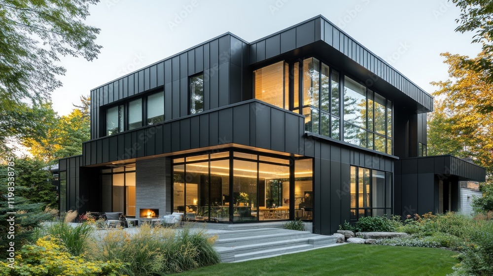 Obraz premium Modern black house with large windows, patio, and landscaping.