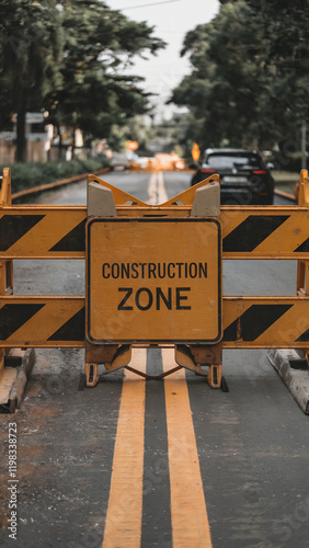 Construction zone barricade on a closed road, safety warning sign with yellow stripes in an urban setting surrounded by trees and vehicles
